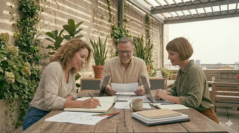 illustration concept pratique innovante, plusieurs collegues echangent sur un dossier avec plaisir